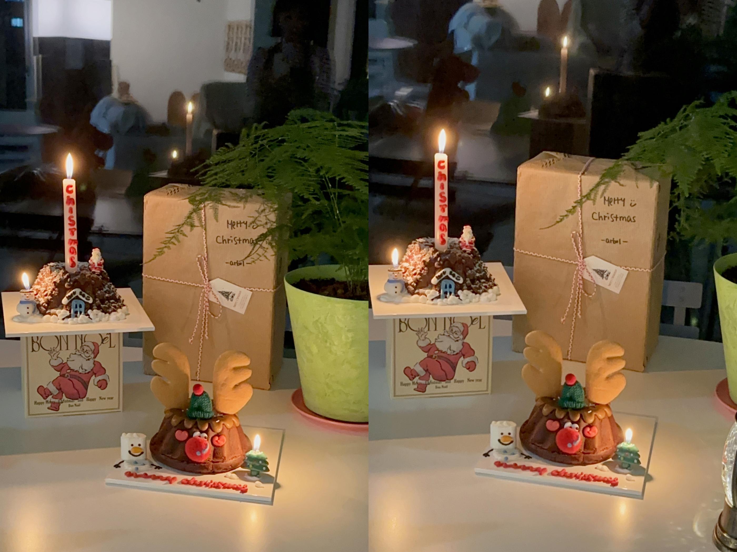 Gâteau Rudolph Brun avec décorations de rennes et mini-bougie, créé par Ours Coffee à Jeju.