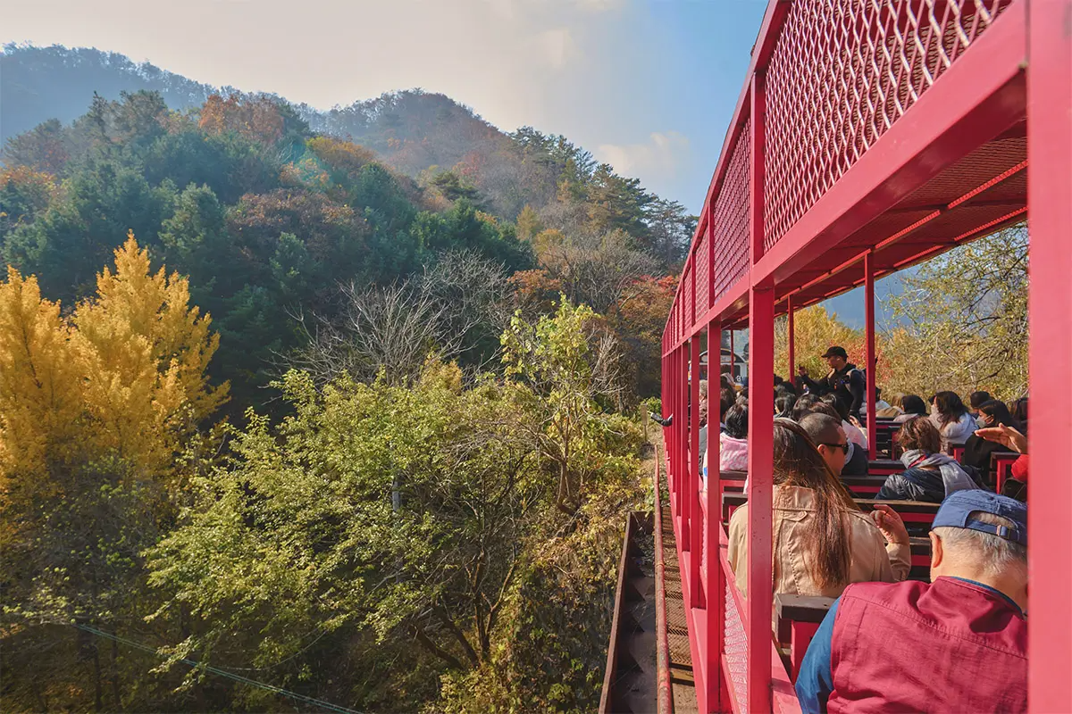 Vehículo del tour en bicicleta de riel en Corea, cruzando paisajes otoñales bajo un cielo claro, ideal para disfrutar de la naturaleza.