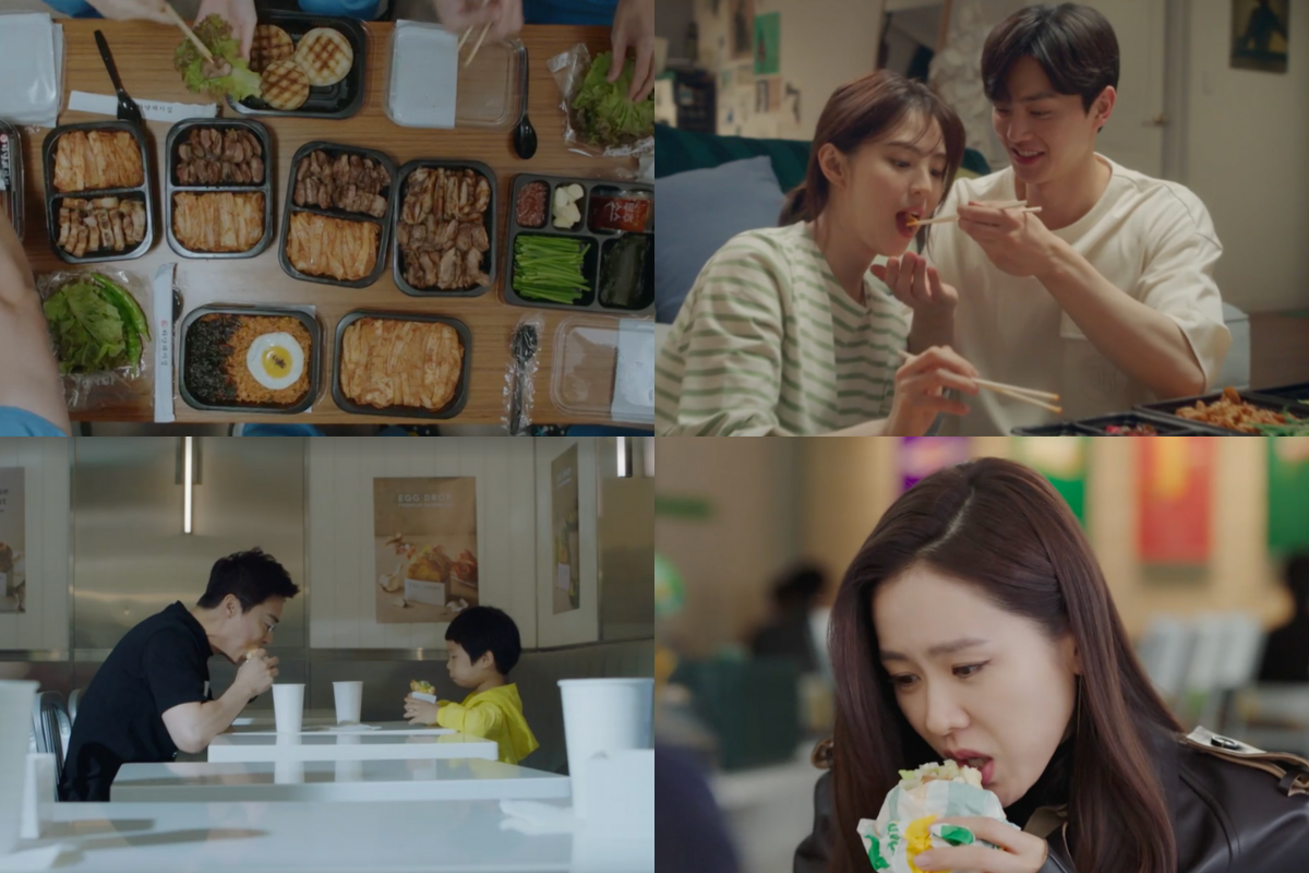 韓劇中的美食場景，包括五花肉和其他韓式佳餚。