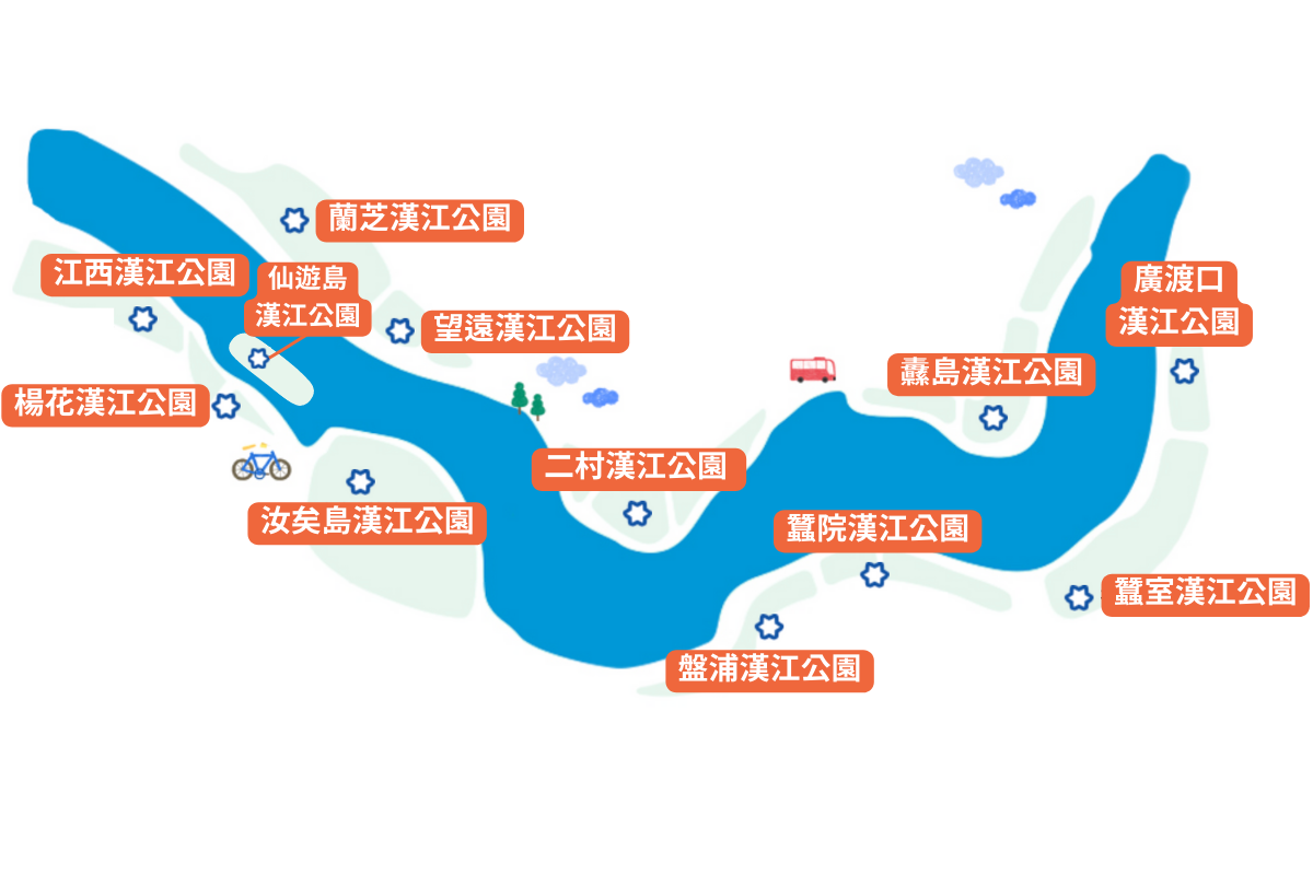 漢江公園的簡單示意地圖，標示不同的公園位置。