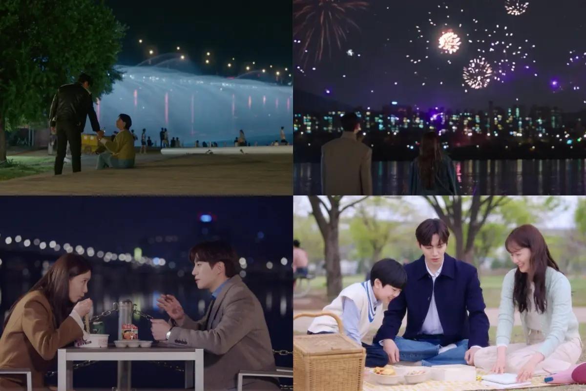漢江公園夜晚的韓劇拍攝場景，背景有浪漫的煙火和燈光。