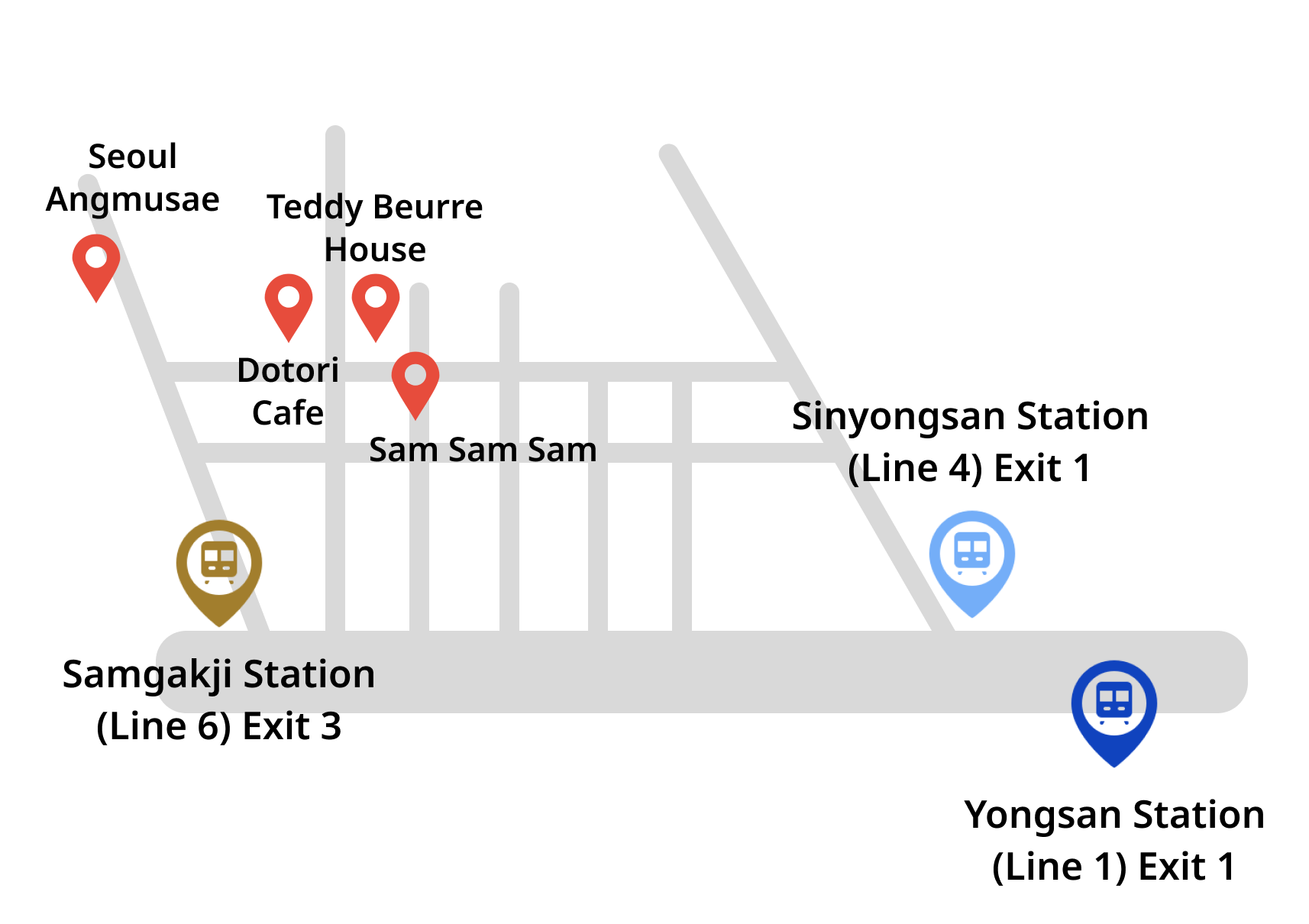 Karte von Yongridan-gil mit Markierungen für beliebte Cafés und Restaurants in der Nähe der Yongsan Station.