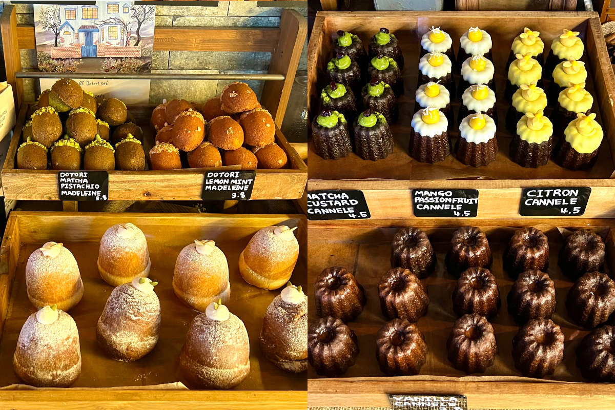 Auswahl an Gebäck im Dotori Café, darunter Matcha-Pistazie und Zitrone-Minz Madeleines.