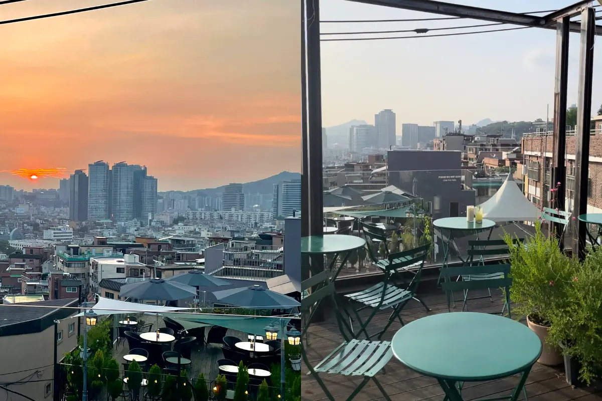 Terrasse und Aussicht auf die Stadt, perfekt zum Genießen der Skyline von Seoul während des Sonnenuntergangs.