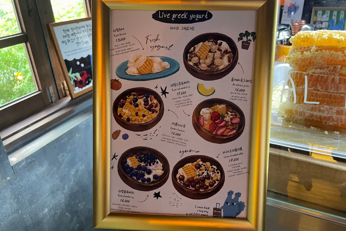 Detailreiche Zeichnung eines Menüs mit verschiedenen griechischen Joghurt-Optionen im Dotori Café.