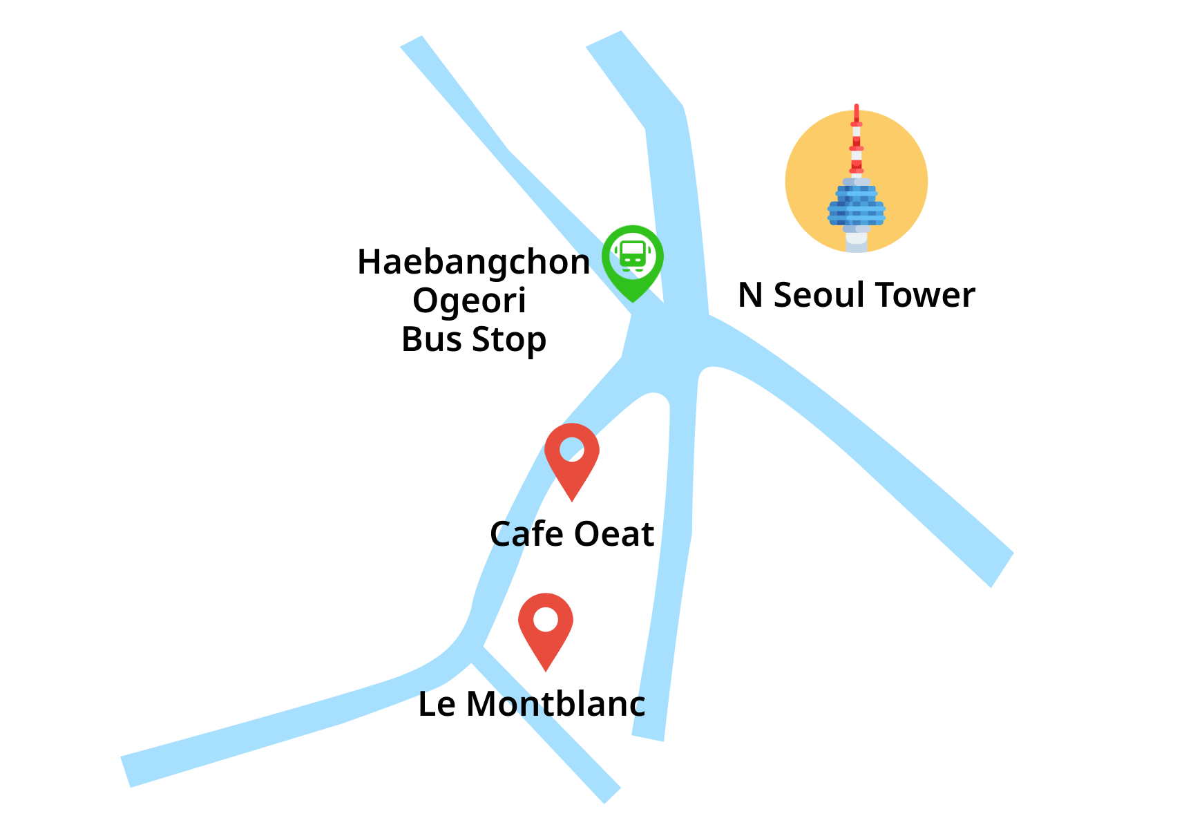 Karte von Haebangchon mit wichtigen Sehenswürdigkeiten und Cafés wie dem N Seoul Tower.