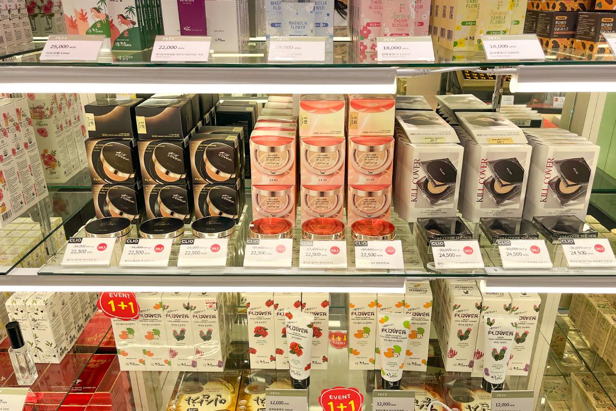 Close-up of popular Korean beauty products and cosmetics on sale, displayed at SD Store, Myeongdong.