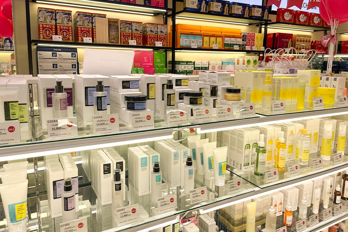 Shelves stocked with a diverse array of skincare and beauty products, highlighting the variety available at SD Store.