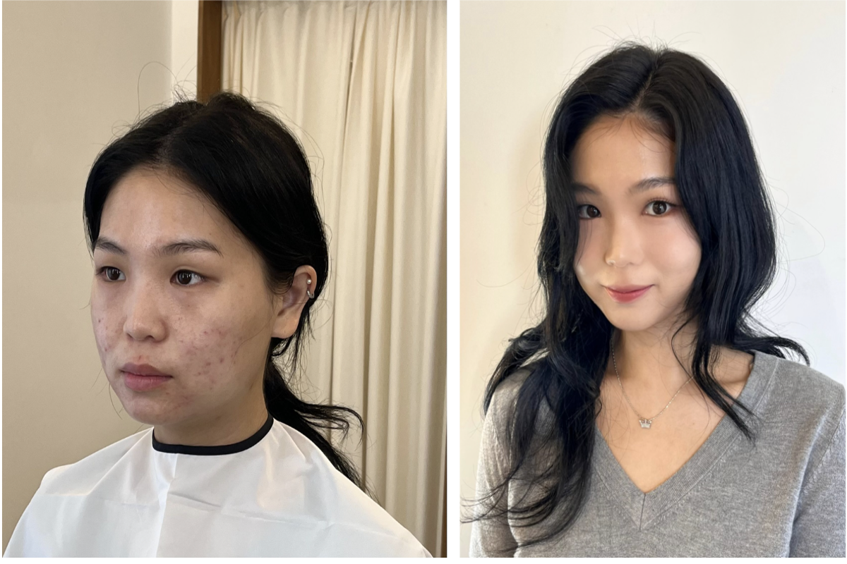 韓国のソウルでパーソナルカラー診断後のヘアスタイルビフォーアフターの比較。another29でのデイリーメイクやヘアスタイリングのコンサルティングセッションを受けた様子。