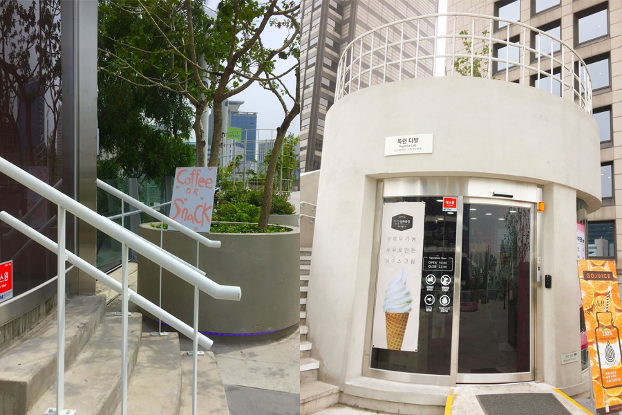 A circular café and rest area on Seoullo 7017, offering a place to relax amidst the city hustle.