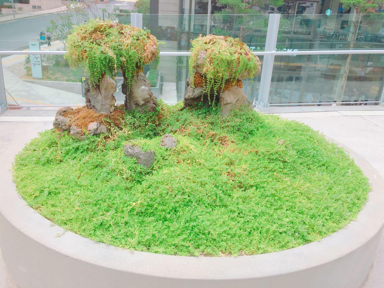 Round planted seating area on Seoullo 7017, providing a peaceful setting within Seoul's urban landscape.