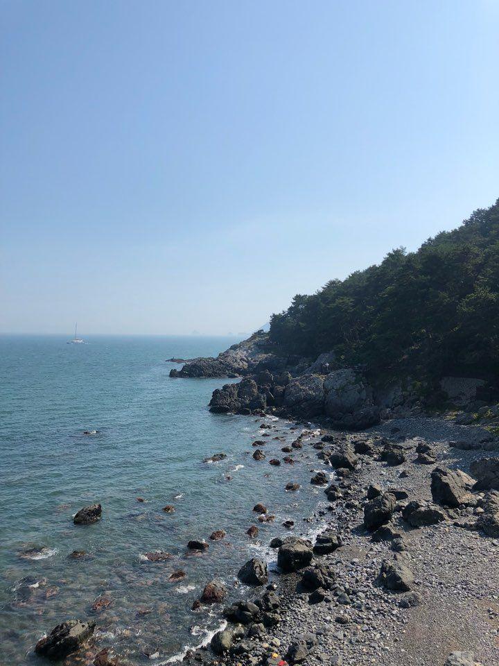 釜山冬柏島的自然海岸線，巨石矗立於晶瑩翠綠的海水旁。