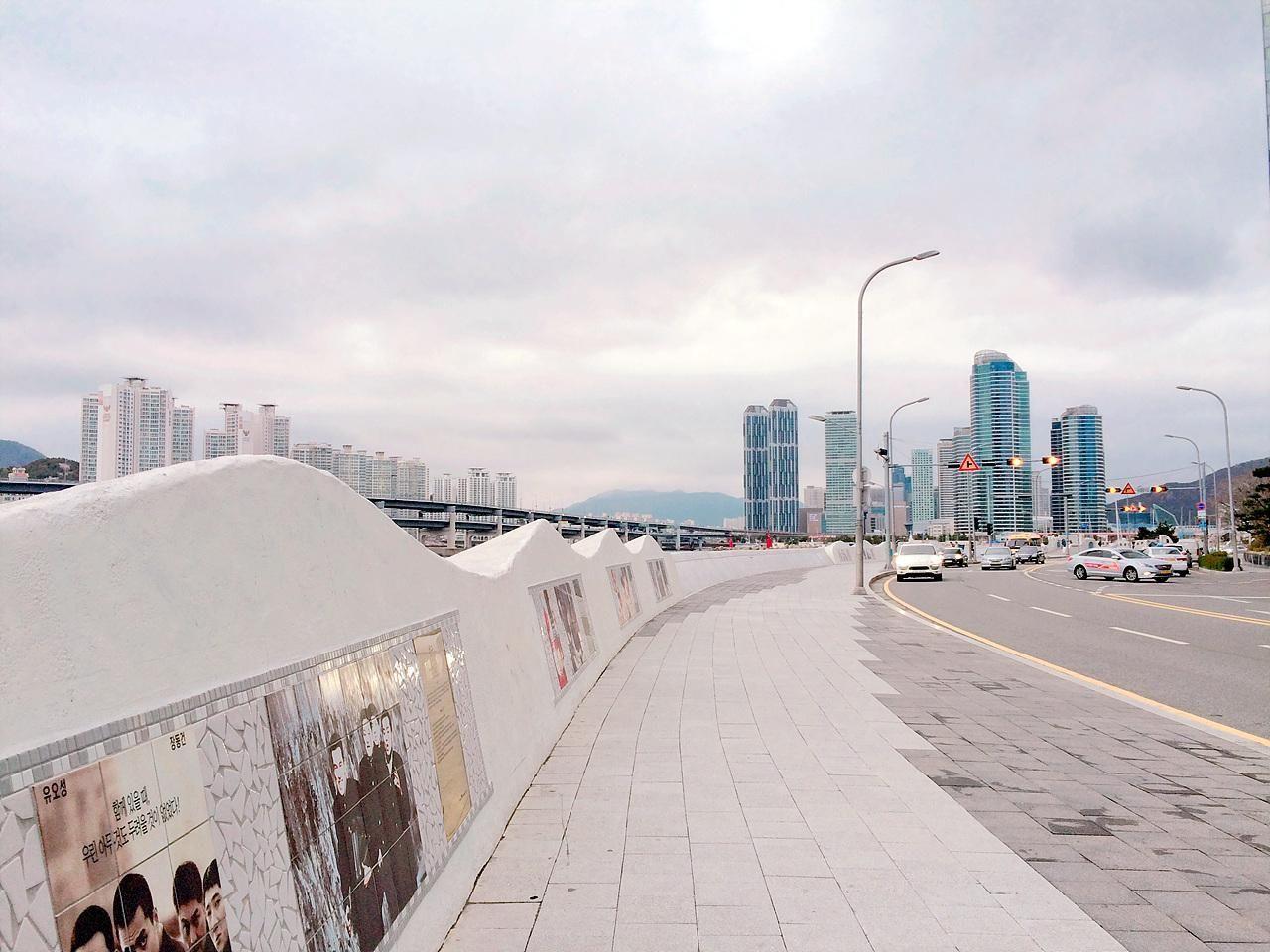Busan's Film Street decorated with cinematic elements, located along Haeundae coast.