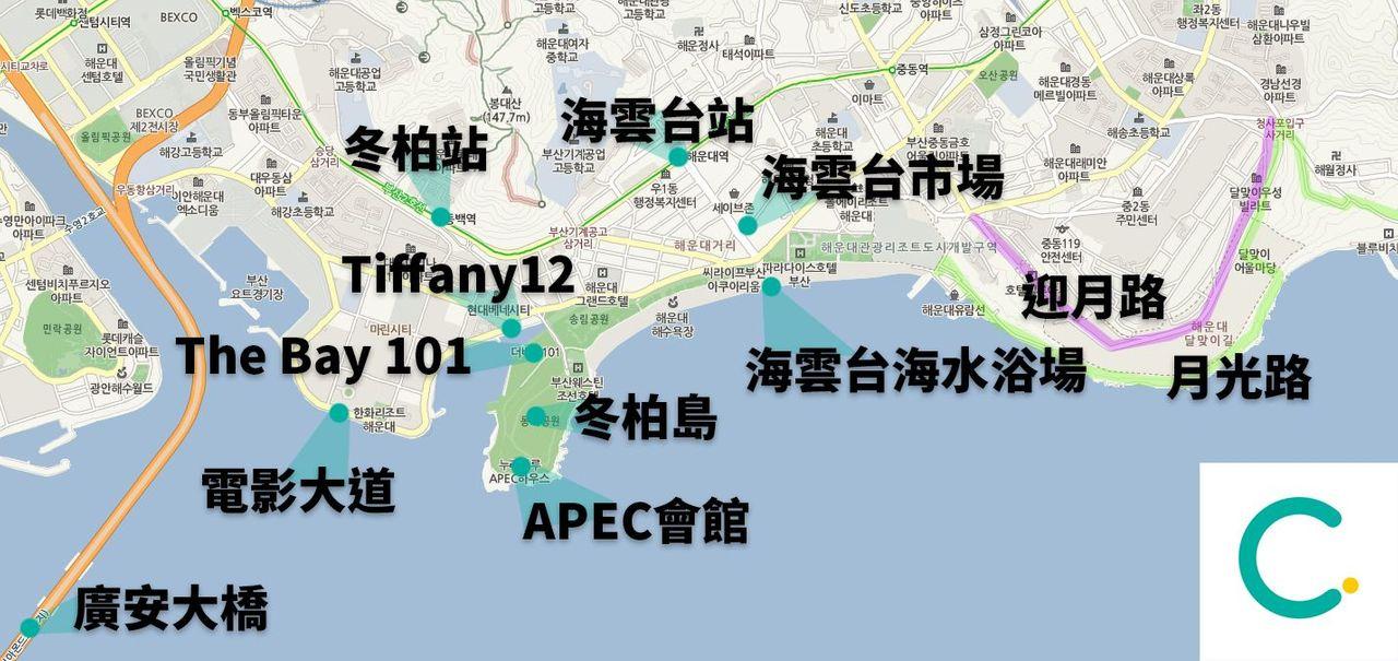 A map showing essential tourist attractions and landmarks in Busan's Haeundae, including The Bay 101, Tiffany 12, Dongbaekseom, and more.