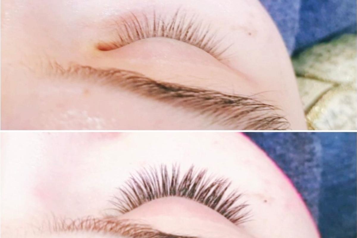 Before and after comparison of eyelash extensions showing fuller, voluminous lashes.