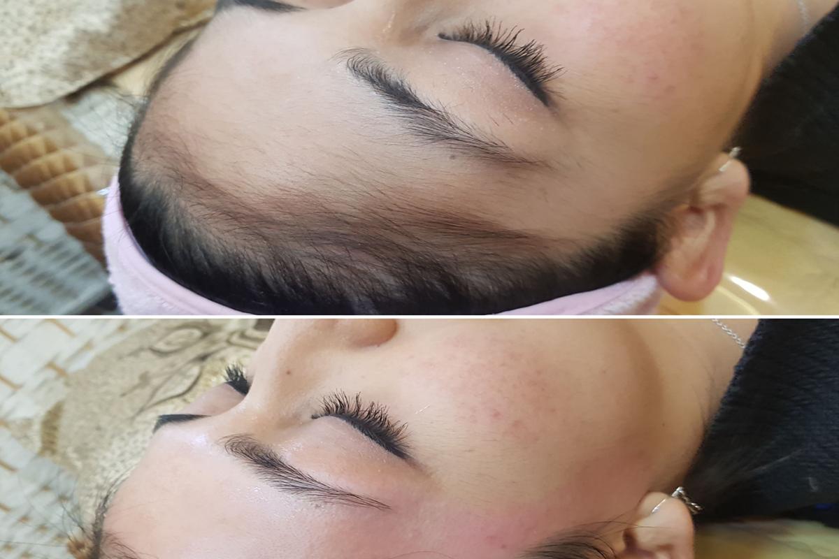 Professional eyelash extension service highlighting enhanced length and volume.