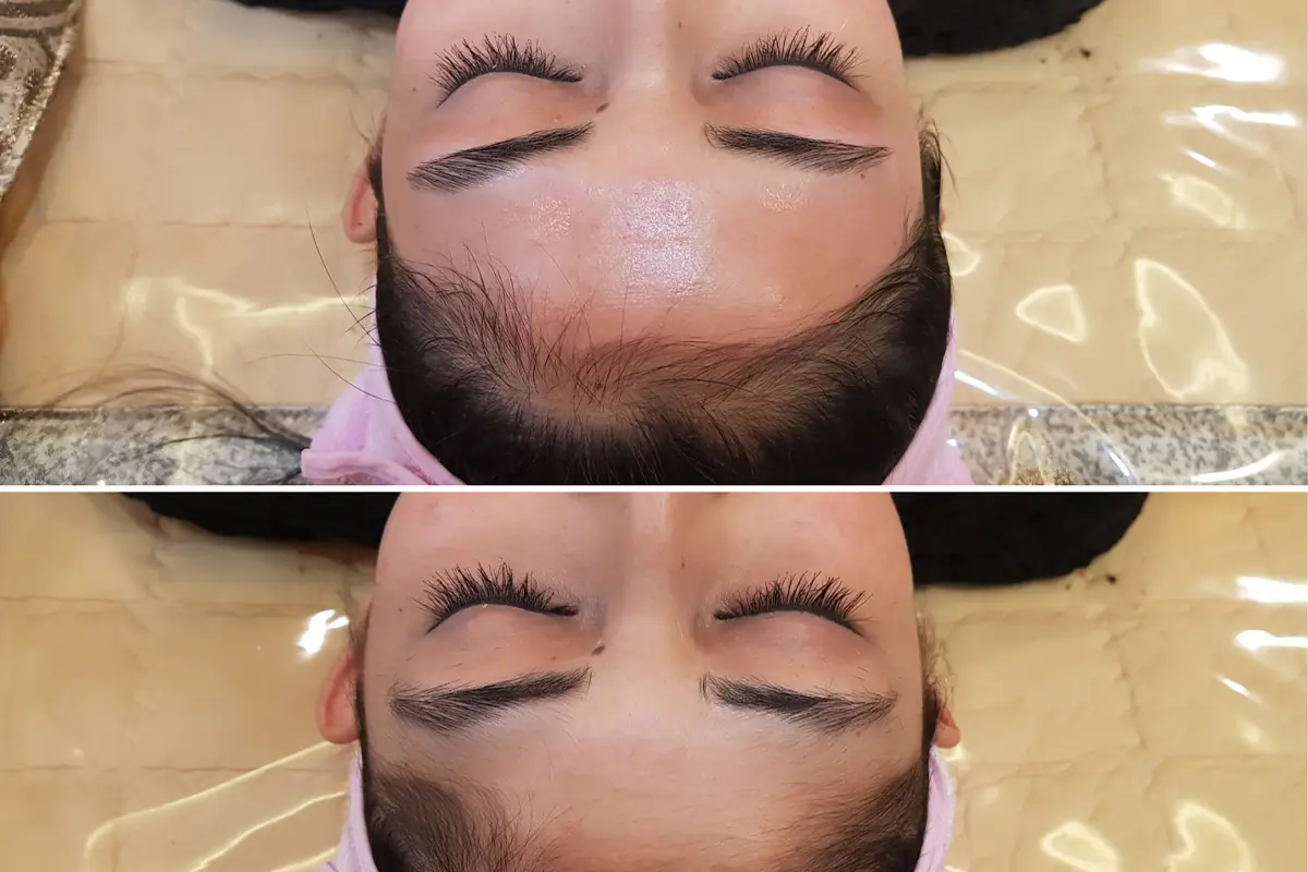 展示了韩国明洞Pro Beauty店内提供的睫毛延长服务，前后对比效果十分显著。