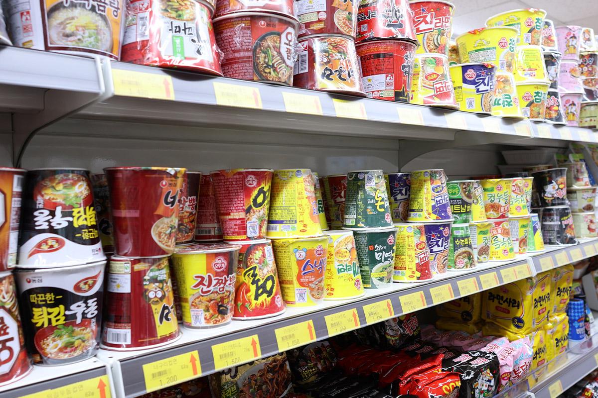 A selection of instant cup noodles on display at Hongdae Mart 24 Hours.