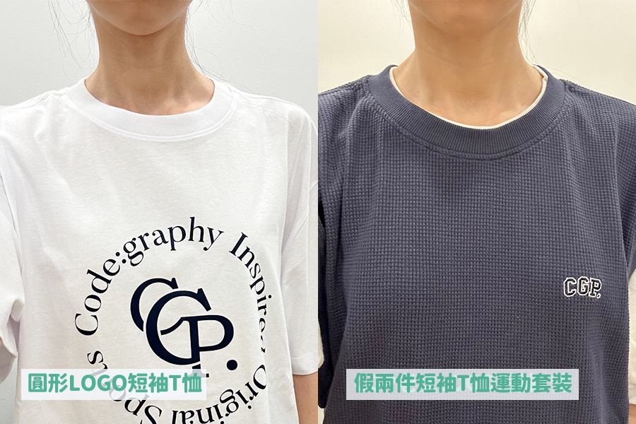 模特展示2号CGP老虎LOGO短袖T恤的领口细节，展示细节和缝线