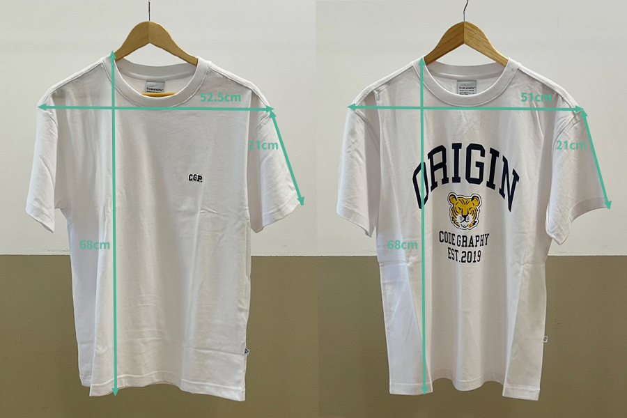 1号和2号Code:graphy T恤的详细尺寸测量，白色T恤，尺寸为S号