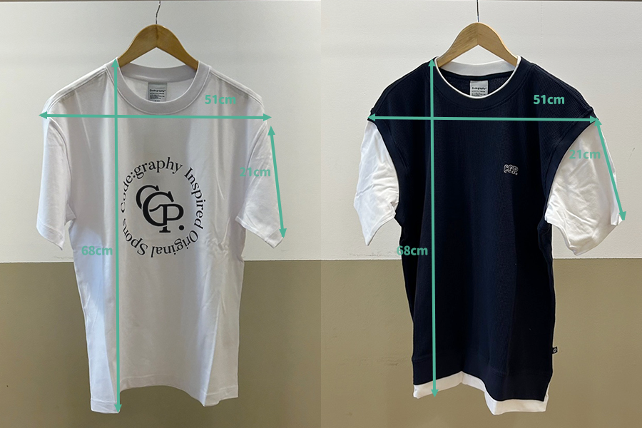 3号和4号Code:graphy T恤的详细尺寸测量，白色和蓝色T恤，尺寸为S号