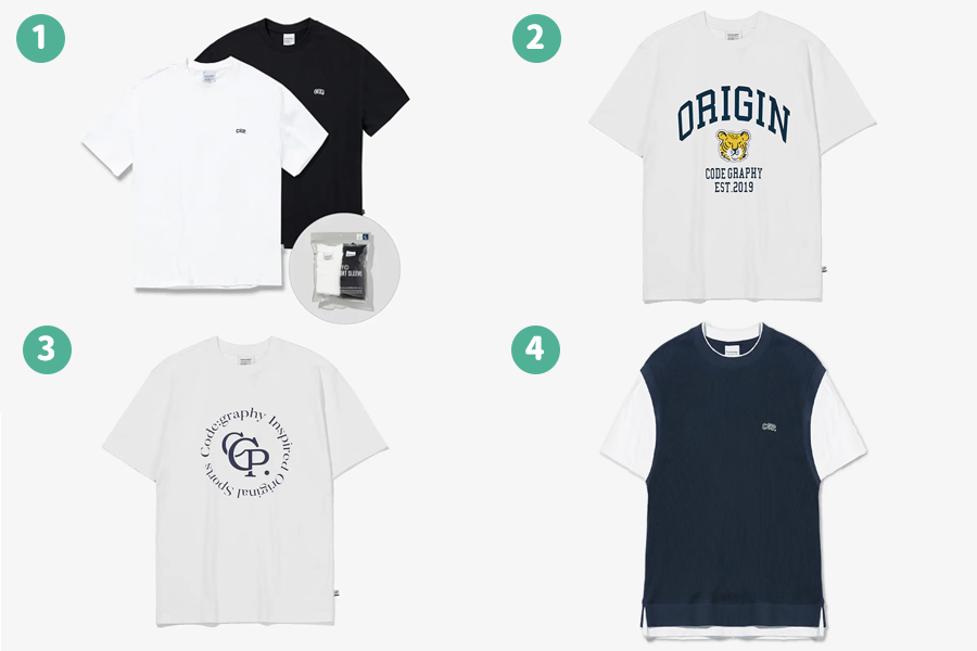 Code:graphy 韩国服饰品牌的4款基本T恤：小Logo素T、老虎LOGO短袖、圆形LOGO短袖、假两件短袖运动套装，白色和黑色两种颜色