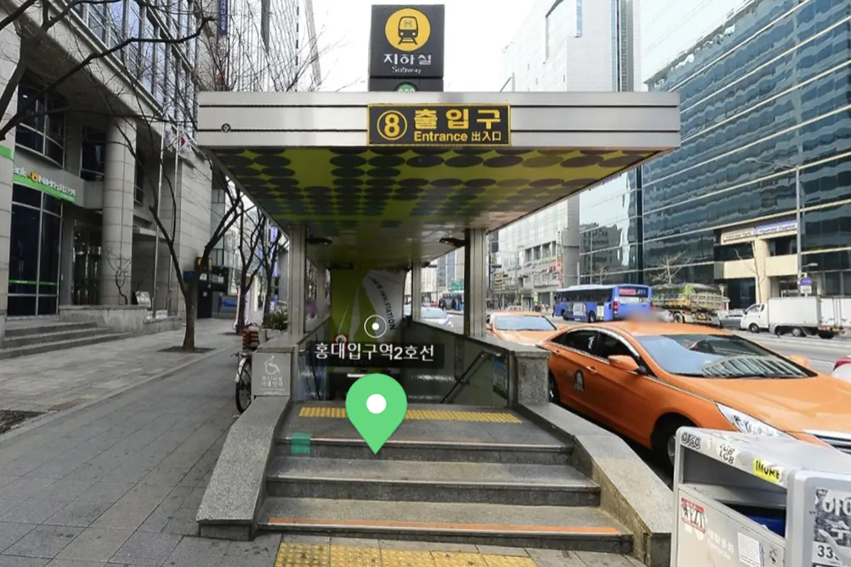 Hongik University Station Exit 8, morning scene in Seoul, South Korea
