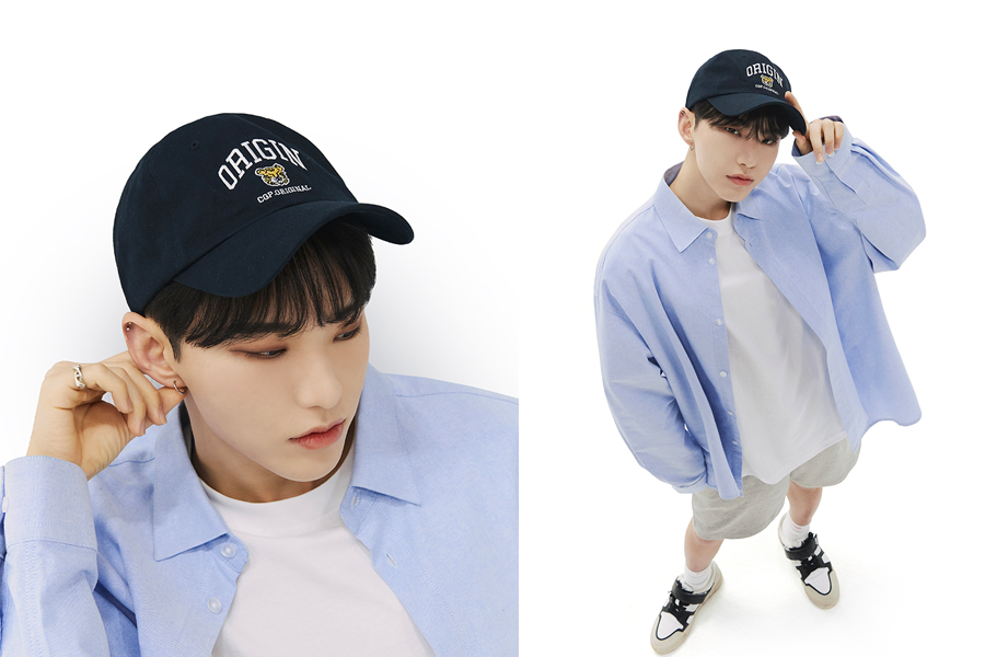 浅蓝色衬衫搭配灰色短裤，搭配黑色帽子，Codegraphy系列