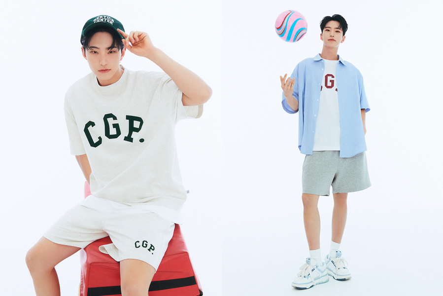 灰白色短袖和短裤套装，印有'CGP'字样，搭配绿色帽子，Codegraphy系列