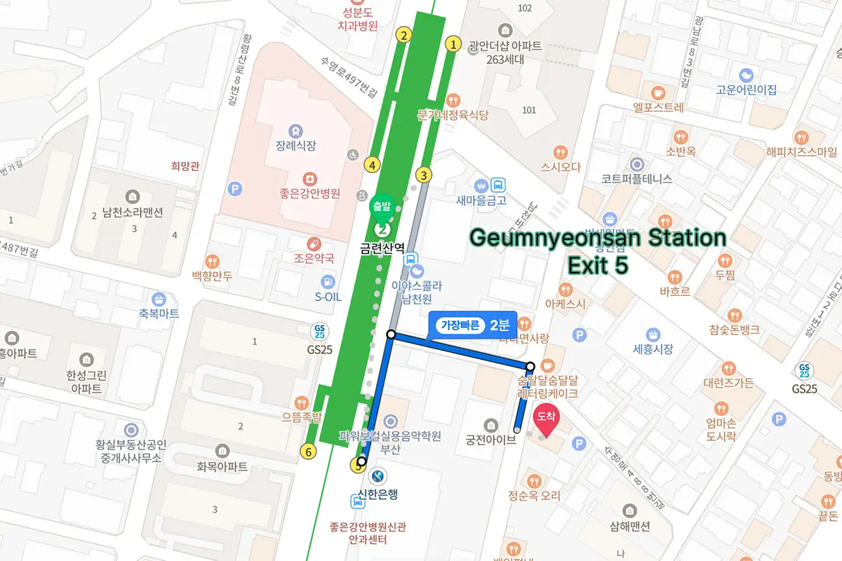 前往釜山韓國時尚心理研究院的地圖指示，附近的地標