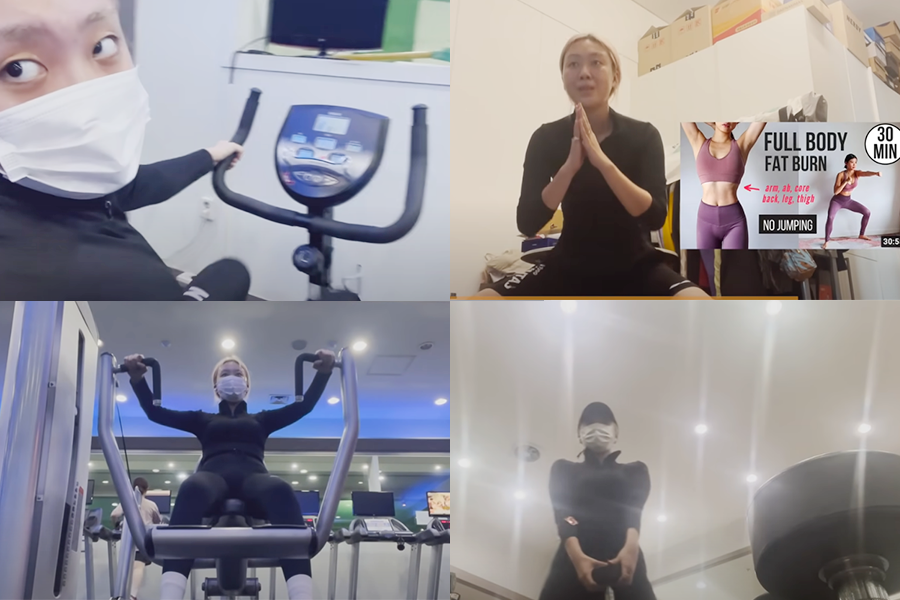 李泳知正在进行各种高强度有氧运动，如骑自行车和深蹲。她穿着黑色运动装，四个小窗口展示不同运动姿势，强调她的运动努力。