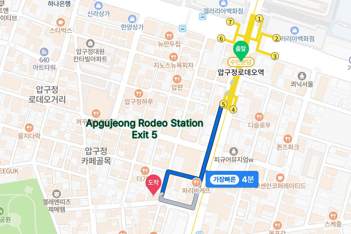 韓国のmoreon島山公園店への案内マップ画像。アプクジョンロデオ駅出口からの経路が示されている。