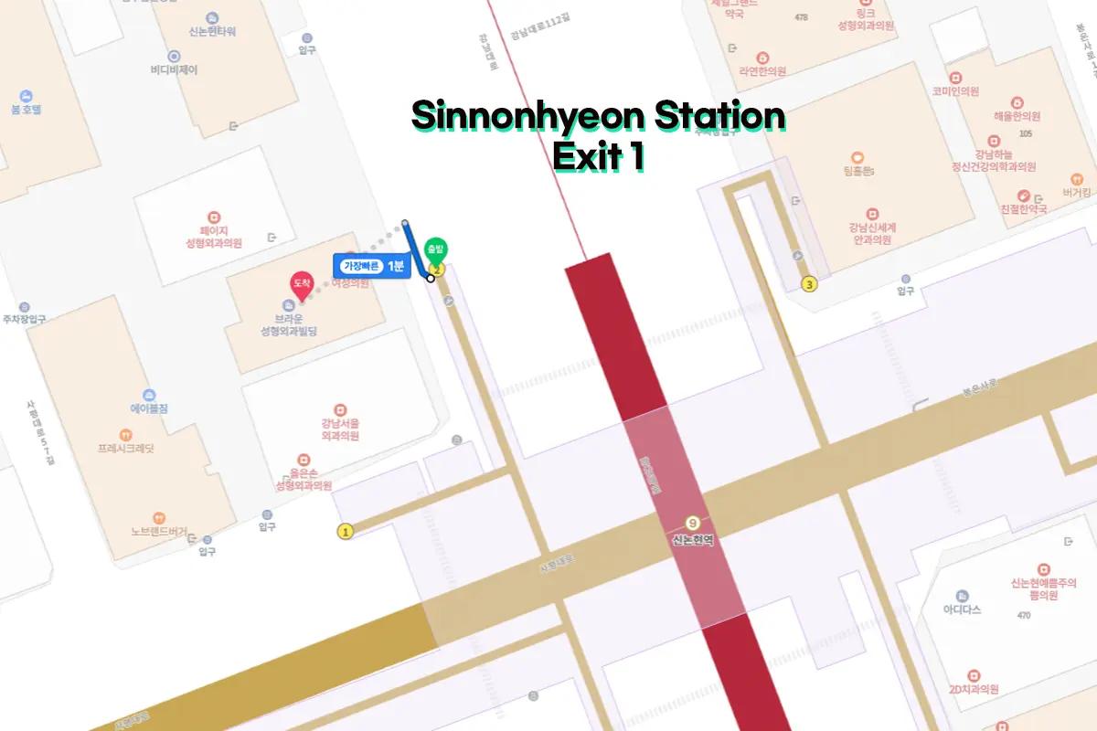 日本の旅行者が、more on江南店の行き方を紹介するマップ画像。新論峴駅3番出口から徒歩2分の案内。