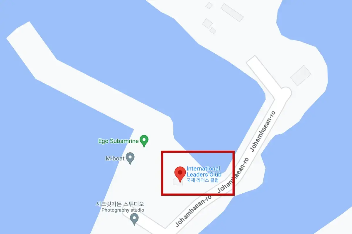 Bản đồ vị trí Câu lạc bộ Lãnh đạo Quốc tế tại Jeju gần bờ biển.