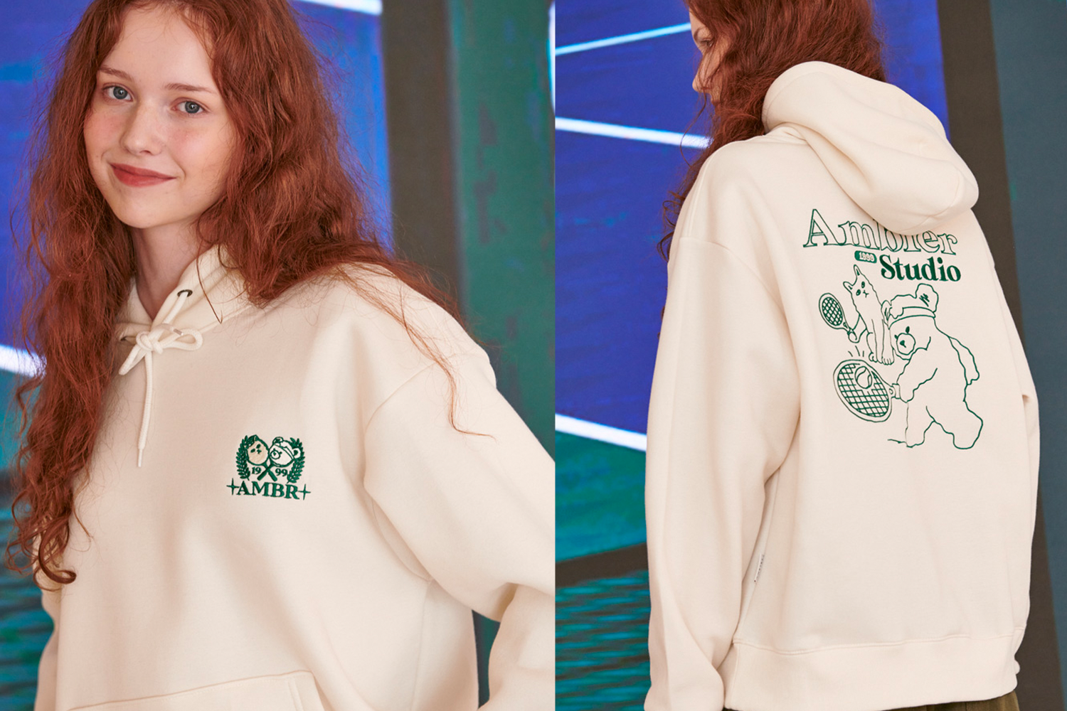 奶油色連帽衫，背面印有打網球的熊設計，來自AMBLER 2023秋冬系列