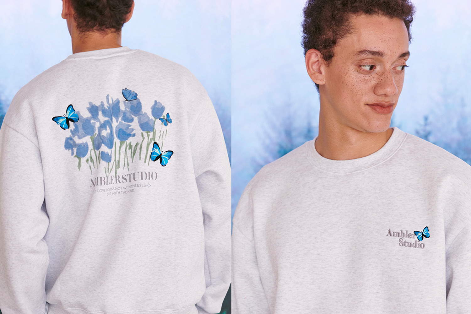 灰色毛衣，背面印有藍色花朵和藍蝶，來自AMBLER品牌