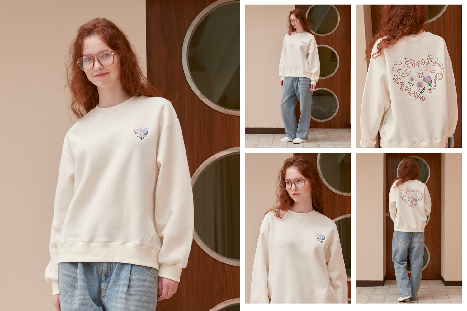 穿著奶油色花朵圖案毛衣的女模特，全身展示，AMBLER秋冬新品