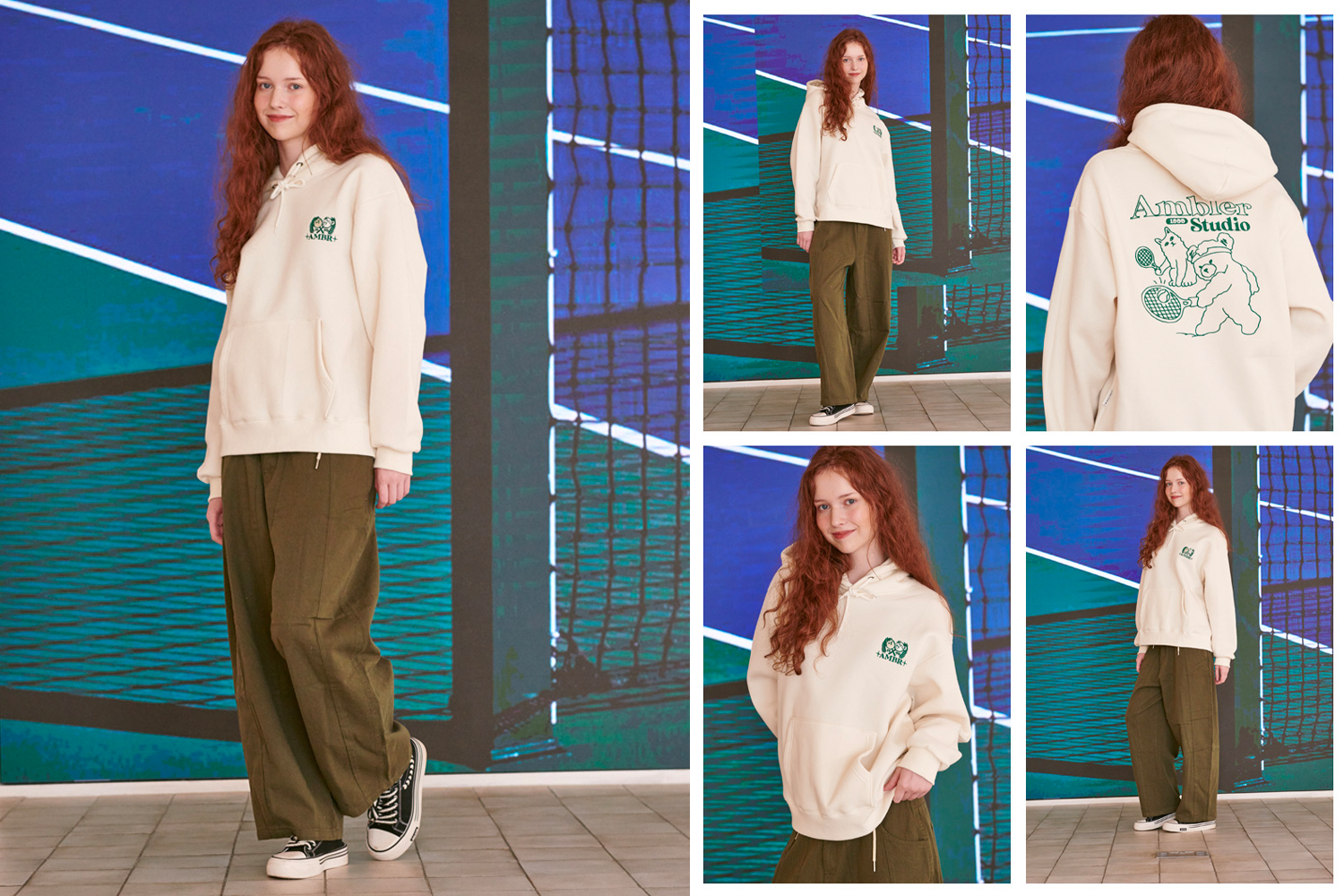 穿著奶油色連帽衫並搭配綠色寬褲的模特兒，全身造型展示，AMBLER秋冬新品