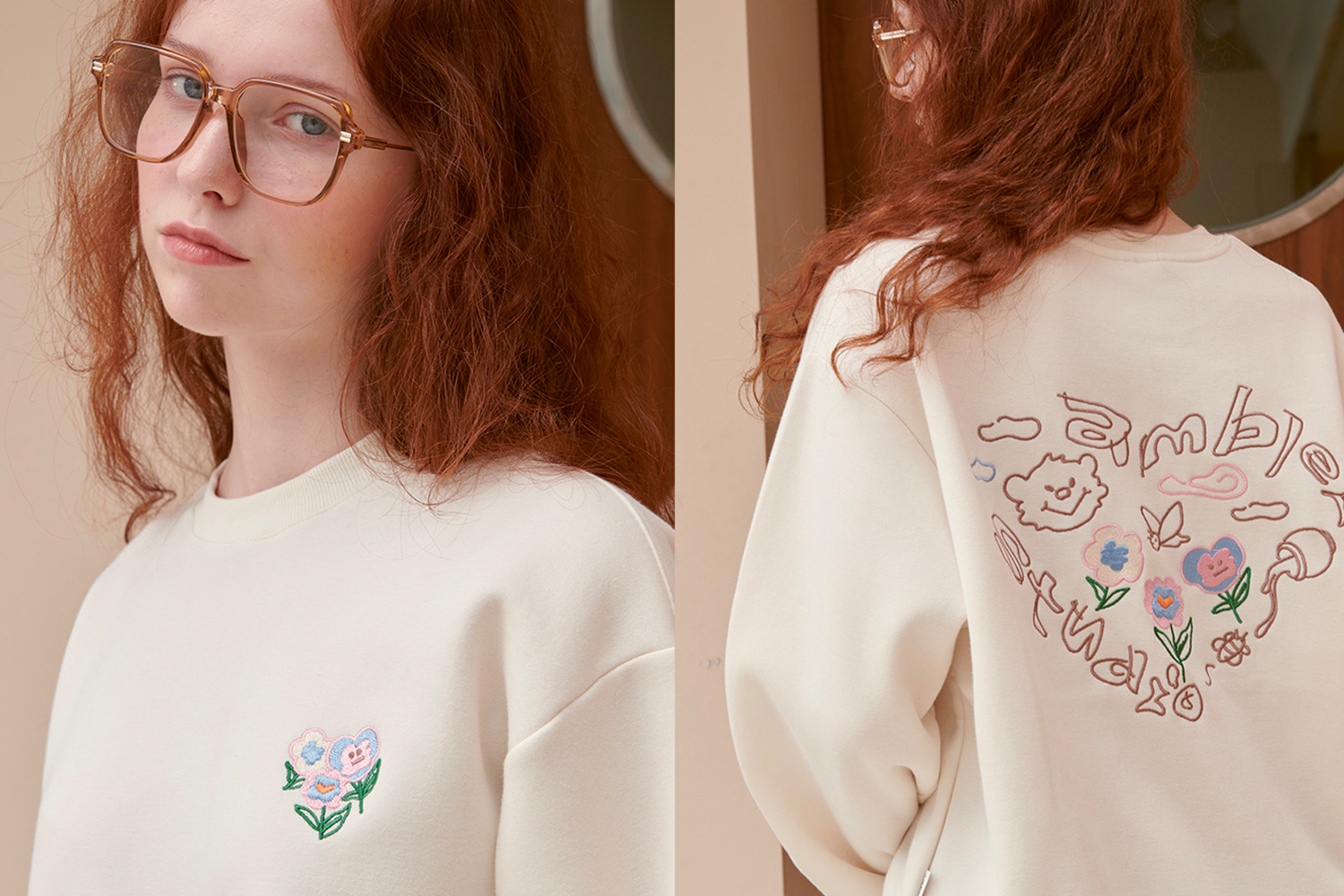 奶油色毛衣，正面有花朵與笑臉設計，來自AMBLER品牌系列