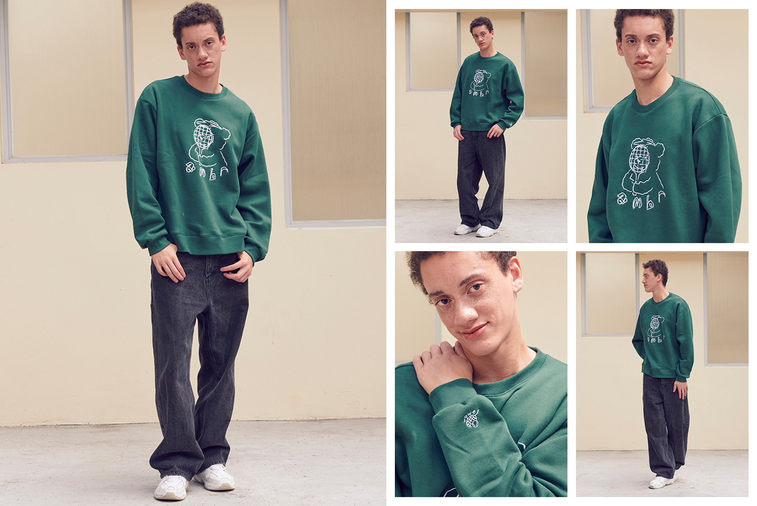 穿著綠色圓領毛衣的男模特，全身造型展示，搭配黑色寬鬆牛仔褲，AMBLER秋冬系列