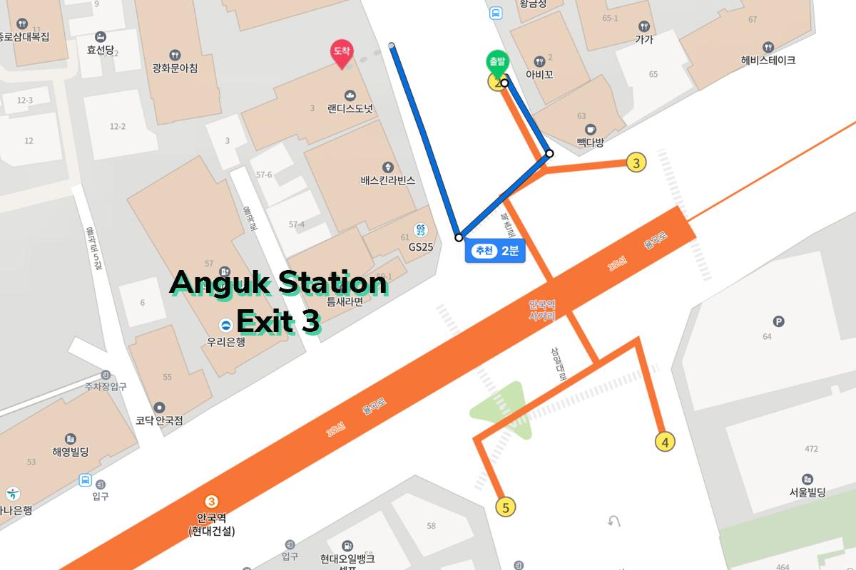 Map showing directions from Anguk Station Exit 3 to Hanokjip Hanbok, highlighting the walking route for easy navigation.