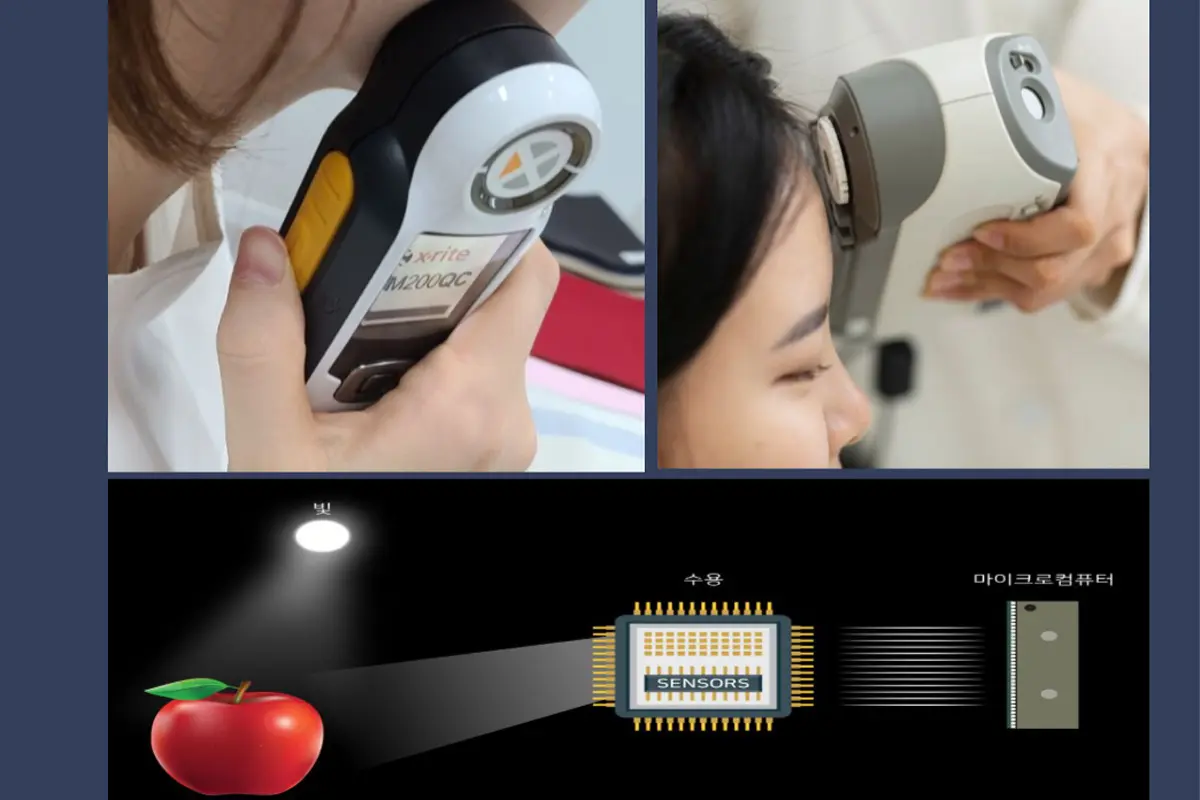 파랑색 책상 위에 정렬된 다양한 색 견본과 색 분석 차트가 있는 개인 색상 진단 도구의 이미지입니다.