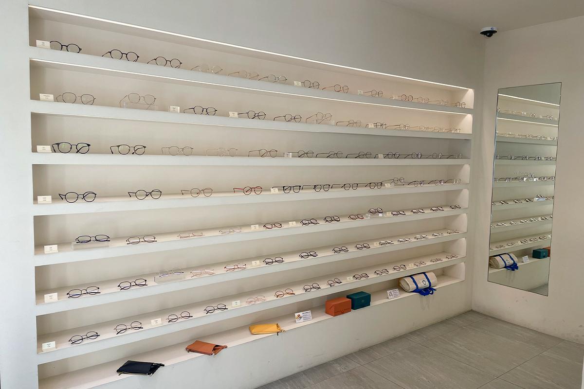 Shelves filled with various sunglass designs at VIEWMAP Yeonnam branch.