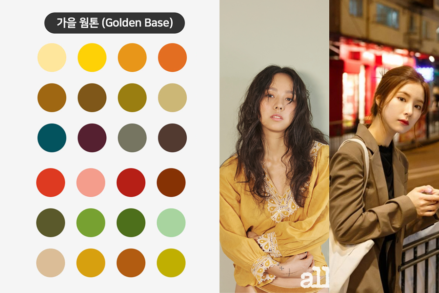 秋季暖色调颜色参考,包括金色基调的深色色调和适合秋天类型的名人示例。