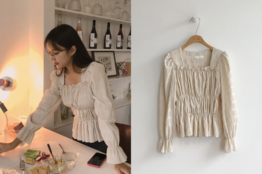 Cherrykoko的法式方领褶皱上衣展示,象牙色设计,与餐桌场景的搭配。