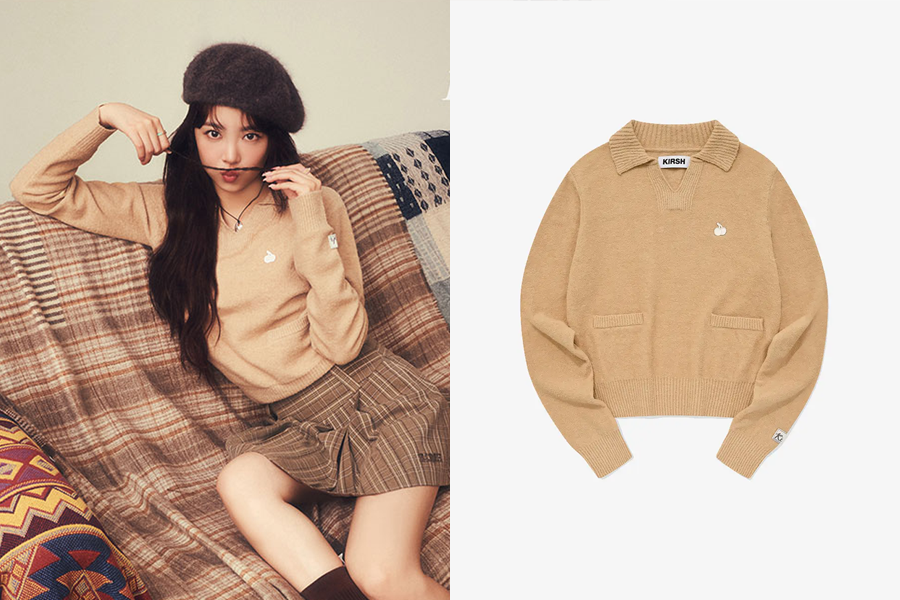 Kirsh MONO CHERRY 翻领针织上衣,米色设计,搭配格纹裙,充满秋季风情。