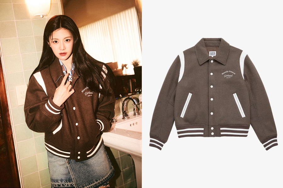Marithe 羊毛翻领棒球外套展示,棕色设计,法国复古风,细线条增添时尚感。