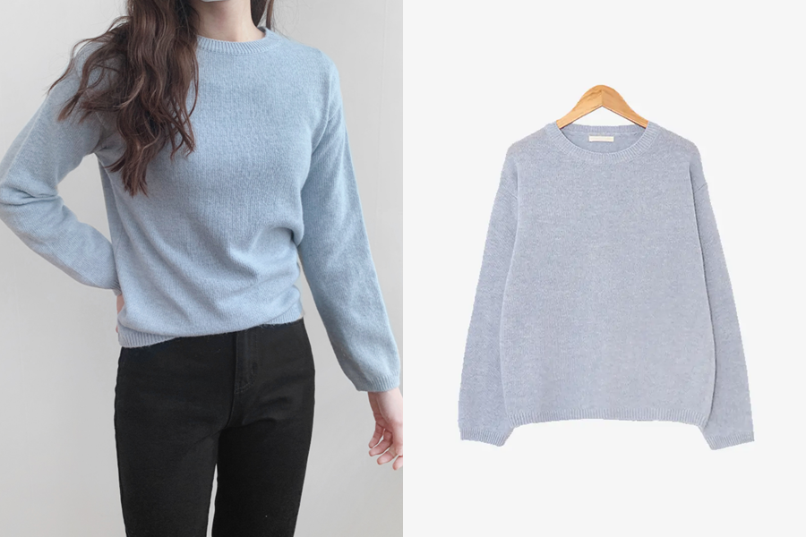 SLOWAND圆领羊驼毛针织上衣,蓝色设计,简约风格,无图形元素,适合夏季冷色调。
