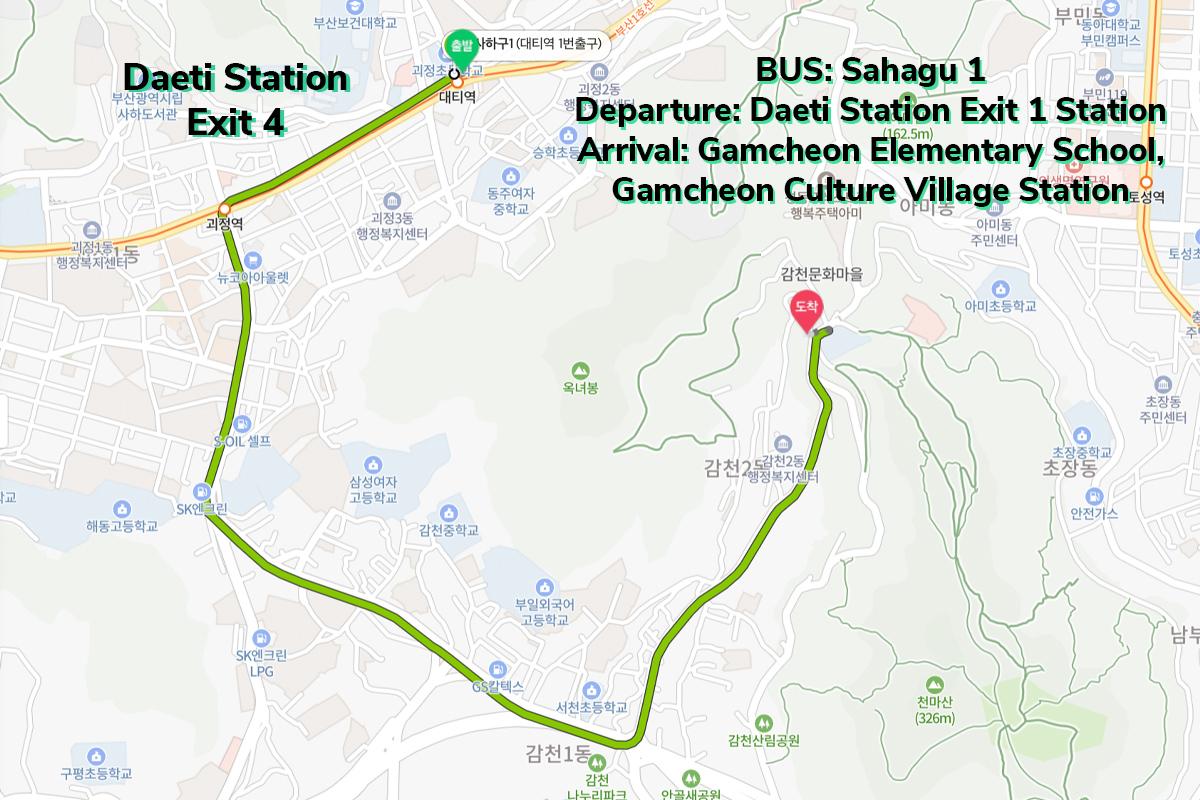 Map with directions from Daeti Station to Gamcheon Culture Village, showing the bus route Sahagu 1, for convenient travel to BIBIBIM cafe.