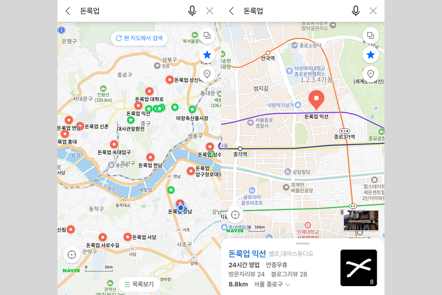 Naver地图显示Don't Lxxk Up分店的位置在首尔市区，包括弘大，江南，延南等热门地点。